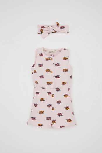 Defacto Girl Baby Floral Waffle Sleeveless Romper and Headband 2-Piece Set D3459a524hs