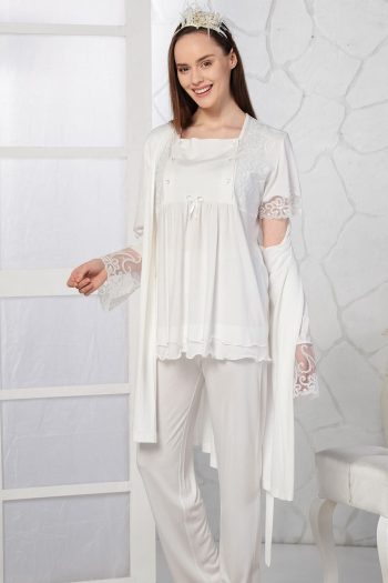 Emose Women's Ecru Maternity Pajamas Set with Robe