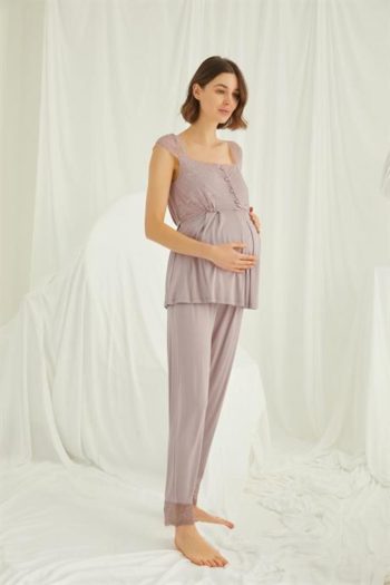 Monamise Women's Pajama Set with Lace Collar, Sleeves, and Shoulders, Button Front 18440