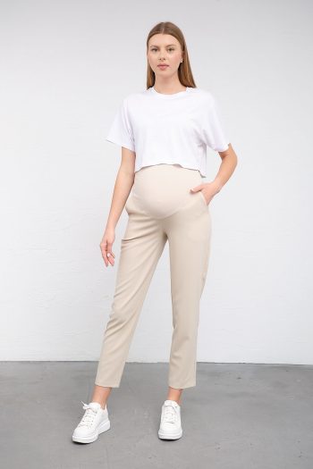 BUSA Maternity Stretchy Belly Band Adjustable Waist Mom Fit Classic Gabardine Pants Beige