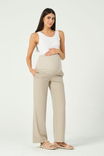 BUSA Maternity Stretchy Belly Band Adjustable Waist Wide Leg Gabardine Pants Beige
