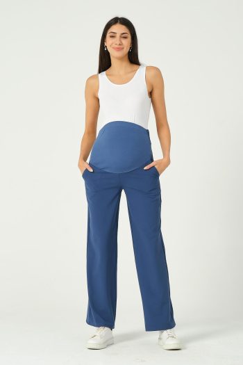 BUSA Maternity Flexible Belly Band Adjustable Waist Wide Leg Gabardine Trousers Blue
