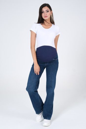BUSA Maternity Stretch Band Back-Belted Wide-Leg Denim Pants Blue