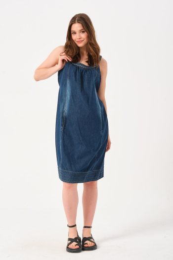 BUSA Maternity Denim Dress with Knitted Collar Zero Sleeve Blue