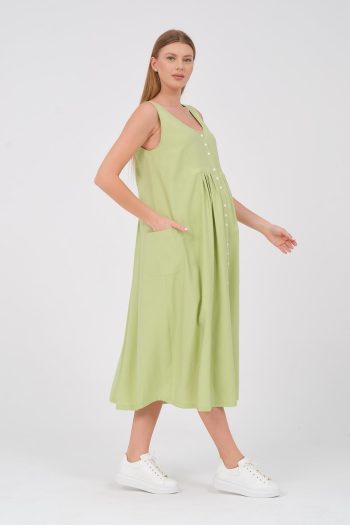 BUSA Maternity Sleeveless Front Buttoned Side Pocket Midi Dress in Pistachio Green