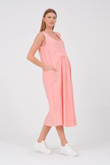 BUSA Maternity Sleeveless Front Buttoned Side Pocket Midi Dress Salmon