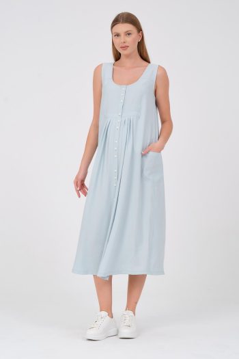 BUSA Maternity Sleeveless Front Buttoned Side Pocket Midi Dress in Mint Green