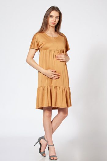BUSA Maternity Dress with Collar, Zippered Skirt, Ruffled Short Sleeve Dress in Mustard