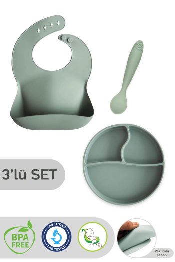 Meleni Baby 3-Piece Silicone Feeding Set - Silicone Bib, Suction Base Plate, and Teething Spoon, Green
