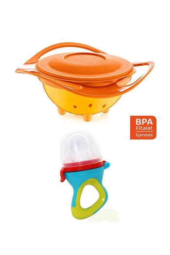 Babyjem Feeding Set - Non-Spill Plate Orange & Silicone Fruit Vegetable Pacifier Orange