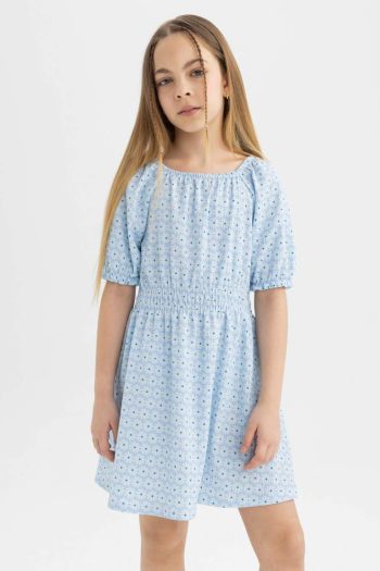 Girl's Brocade Patterned Short Sleeve Dress