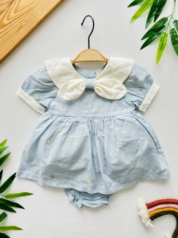 Lily Bow Baby Collar Polka Dot Embroidered Premium Quality 2-Piece Dress Set