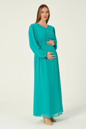 BUSA Maternity Lace-Up Chiffon Maxi Length Hijab Dress Green