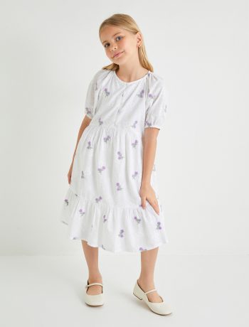 Girl's Floral Dress with Embroidered Puff Sleeves in Cotton