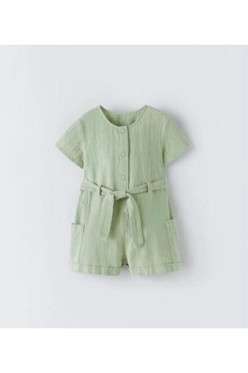 Pink Hippo Kids Girls Muslin Fabric Short Jumpsuit with Belt