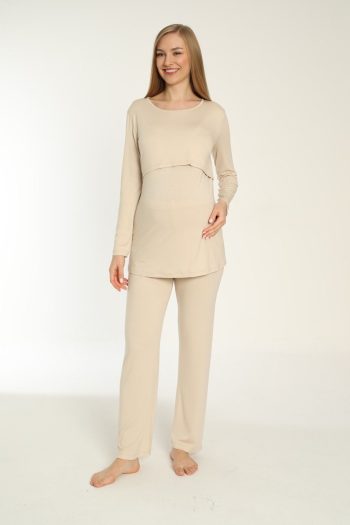 Miss World Lissa Beige Nursing Suitable Long Sleeve Maternity Pajama Set