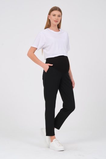 BUSA Maternity Stretch Waistband Adjustable Mom Fit Classic Gabardine Pants Black