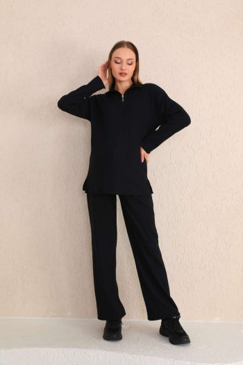 Miss World Lissa Black Zipper Collar Soft Fabric Maternity and Nursing Tracksuit Set