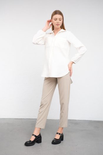 BUSA Maternity Sleeve Elastic Front Pocket Linen Shirt White