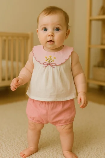 Bow Flower Embroidered Detail Back Buttoned Short Set