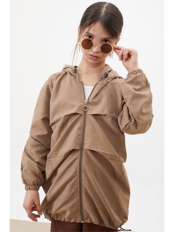 Cansın Mini Brown Coffee Hooded Zippered Raincoat for Girls