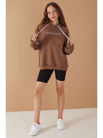 Cansın Mini Brown Printed Girls' Striped Hooded Sweatshirt 19221