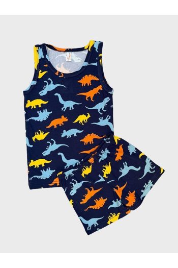 Elmas Kids Boys' Cotton Dinosaur Print Navy Tank Top and Boxer Set
