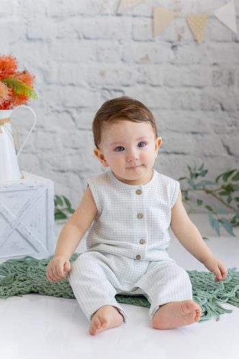 Baby Boy Cream Checkered Sleeveless Jumpsuit