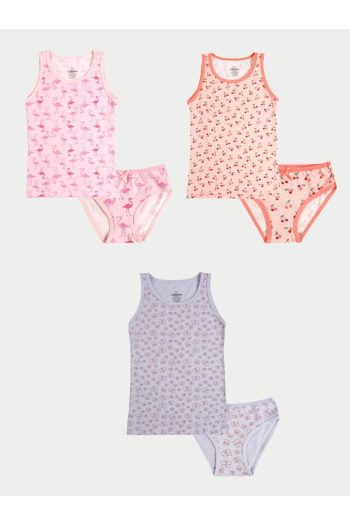Vitmo Girls' Cotton 3-Piece Tank Top and 3-Piece Brief Mixed Colors Cherry 6-Piece Set