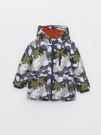 LCW Baby Green Printed Hooded Camouflage Pattern Baby Boy Parka
