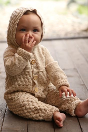 Organic Hand-Knitted Hooded Front-Buttoned Romper in Antique Beige