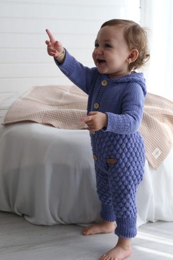 Organic Hand-Knitted Hooded Front-Buttoned Romper in Orchid Blue