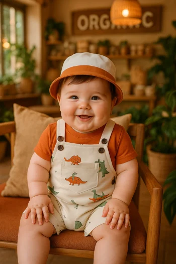 Dino Animals Bucket Hat %100 Cotton Fabric T-Shirt and Dungaree 3-Piece Set