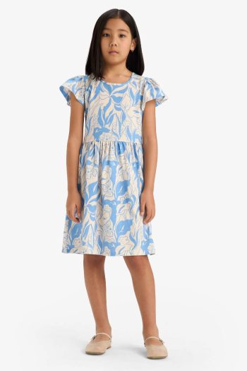 Girls' Bicycle Collar Patterned Short Sleeve Dress