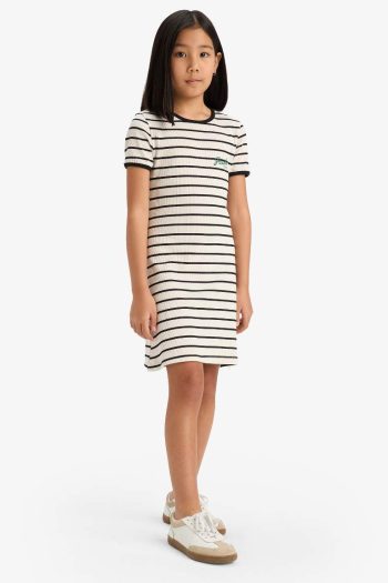 Girls' Bicycle Collar Ribbed Short Sleeve Striped Dress