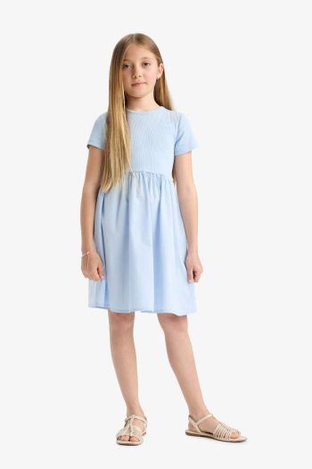 Girls' Bicycle Neck Ribbed Knit Short Sleeve Dress