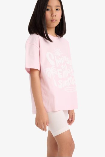 Girl's Oversized Loose Fit Printed Short Sleeve T-Shirt with Crew Neck