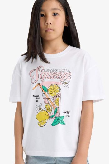 Girls' Relaxed Fit Printed Short Sleeve T-Shirt with Crew Neck