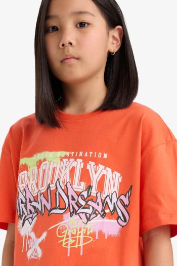 Girls' Oversized Loose Fit Printed Crew Neck Short Sleeve T-Shirt