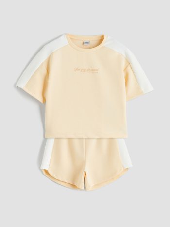 LCW Kids Orange Bicycle Neck Soft Touch Girls T-Shirt and Shorts