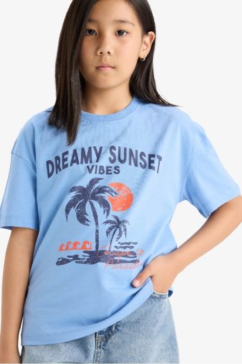 Girls' Relaxed Fit Printed Short Sleeve T-Shirt with Crew Neck