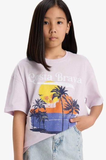 Girls' Oversized Loose Fit Printed Short Sleeve T-Shirt with Crew Neck