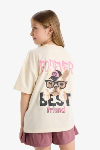 Girl's Oversized Loose Fit Round Neck Short Sleeve T-Shirt with Back Print