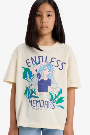 Girls' Oversized Loose Fit Crew Neck Printed Short Sleeve T-Shirt