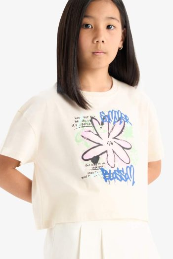 Girls' Bicycle Neck Printed Short Sleeve T-Shirt