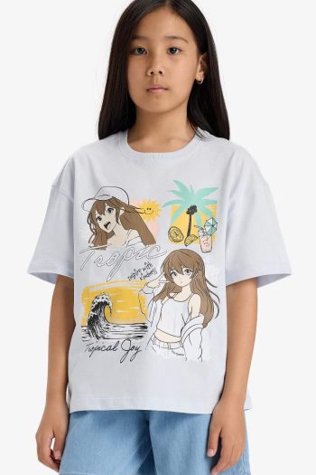 Girls' Oversized Loose Fit Printed Short Sleeve T-Shirt with Round Neck