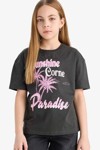 Girls' Relax Fit Printed Short Sleeve T-Shirt with Crew Neck