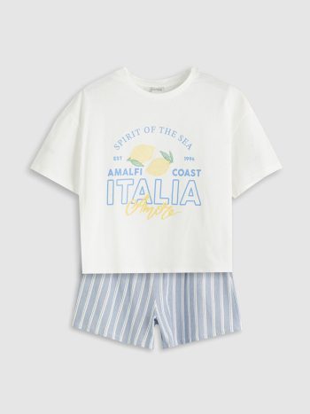 LCW Kids                                                                                             Ecru Crew Neck Italy Printed Girls T-Shirt and Shorts