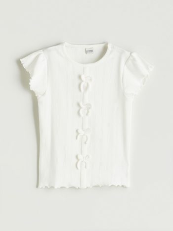 LCW Kids Ekru Round Neck Bow Detail Girls' Crop T-Shirt