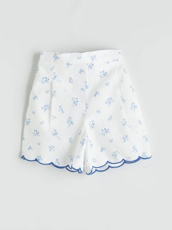 LCW Kids White Elastic Waist Flower Printed Girl's Shorts